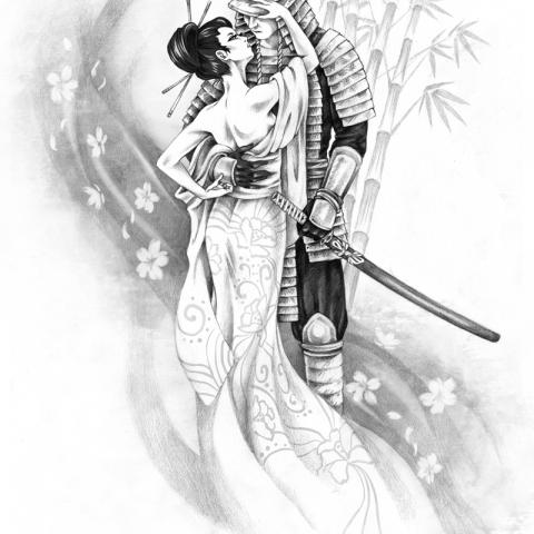 Japanese Geisha And Samurai Tattoo Design