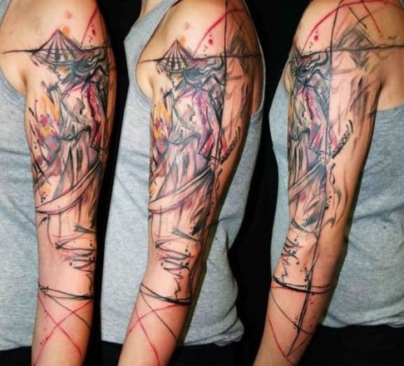Japanese Samurai Tattoo On Left Half Sleeve by Petra Hlavackova