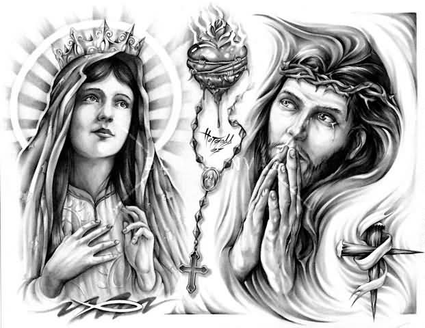 Jesus And Saint Mary With Rosary Cross Tattoo Design