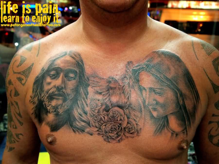 Jesus And Saint Mary With Roses Tattoo On Man Chest By Saksit