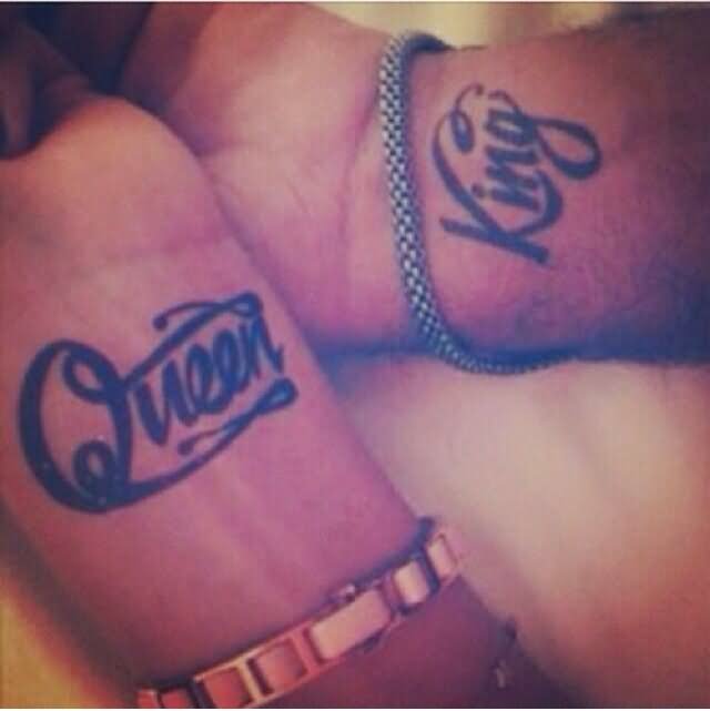 King And Queen Lettering Tattoo On Couple Wrist
