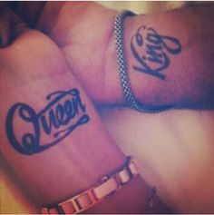 King And Queen Word Tattoo On Couple Wrist