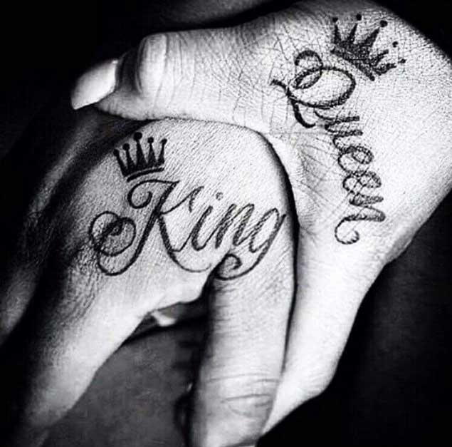 King Queen - Black Crown Tattoo On Couple Hand