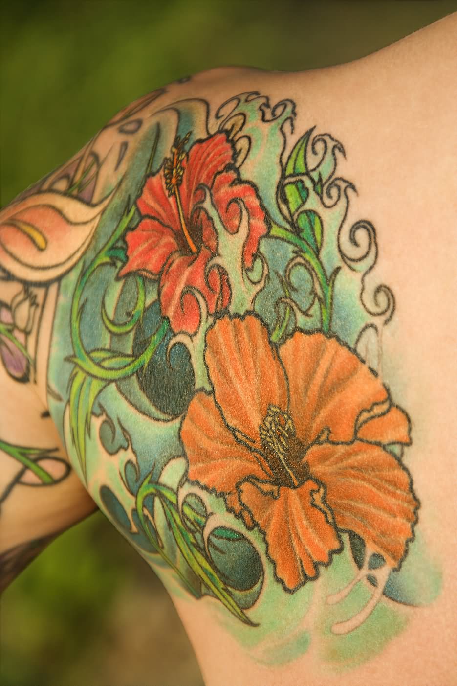 Left Back Shoulder Colored Hibiscus Tattoo