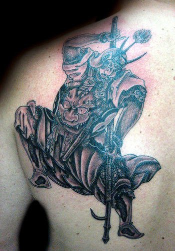 Left Back Shoulder Samurai Tattoo For Men