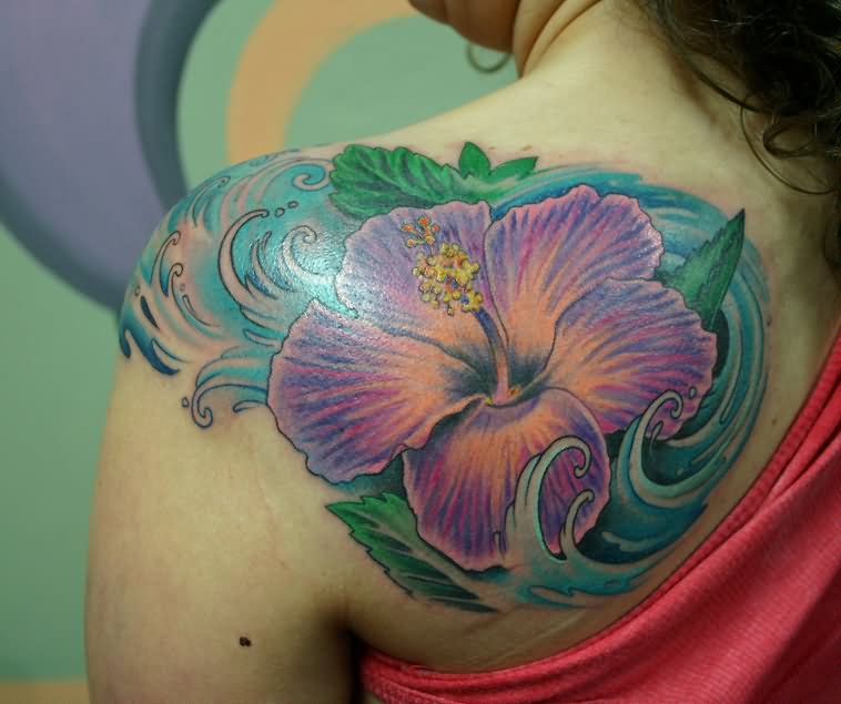 Left Back Shoulder Water Waves And Hibiscus Tattoo
