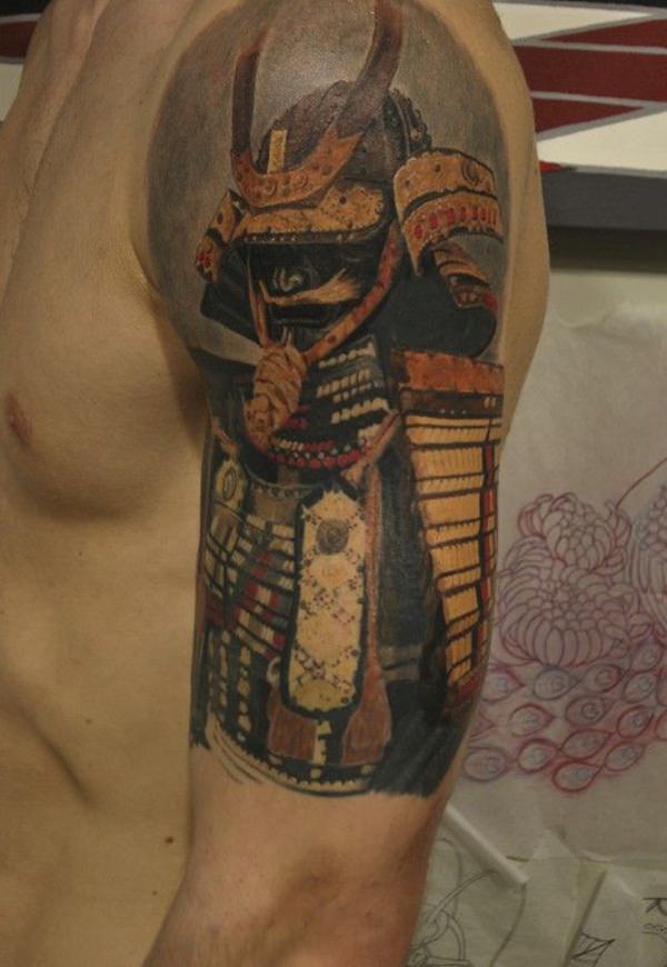 Left Half Sleeve Traditional Samurai Tattoo For Men