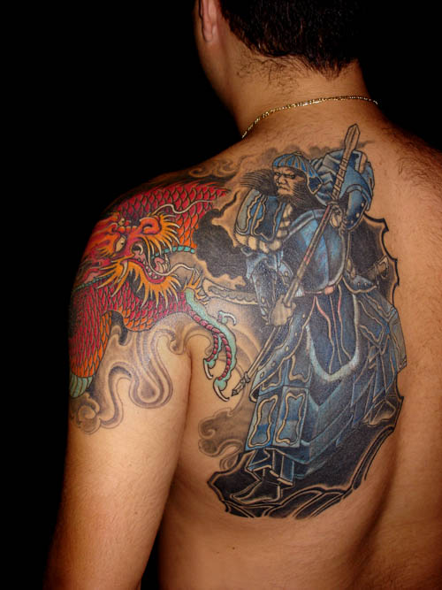 Man Left Back Shoulder Samurai Tattoo
