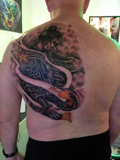 Man Left Back Shoulder Samurai Tattoos