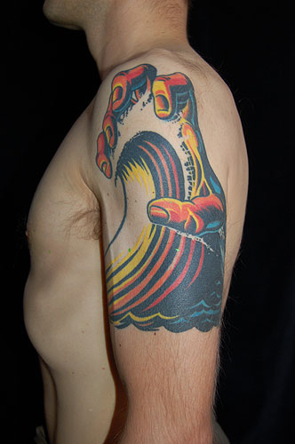 Man Left Half Sleeve Colored Wave Tattoo