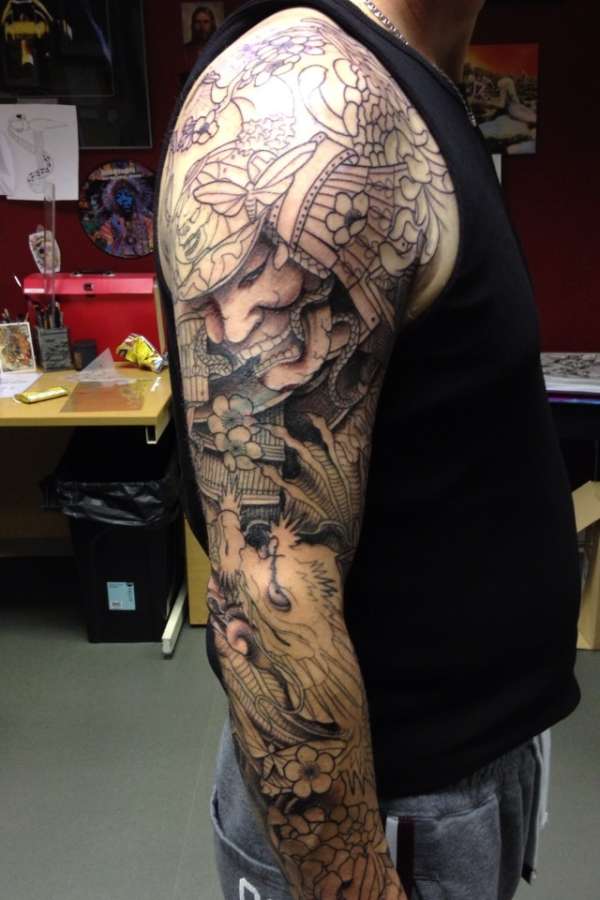 Man Right Half Sleeve Samurai Tattoo For Men