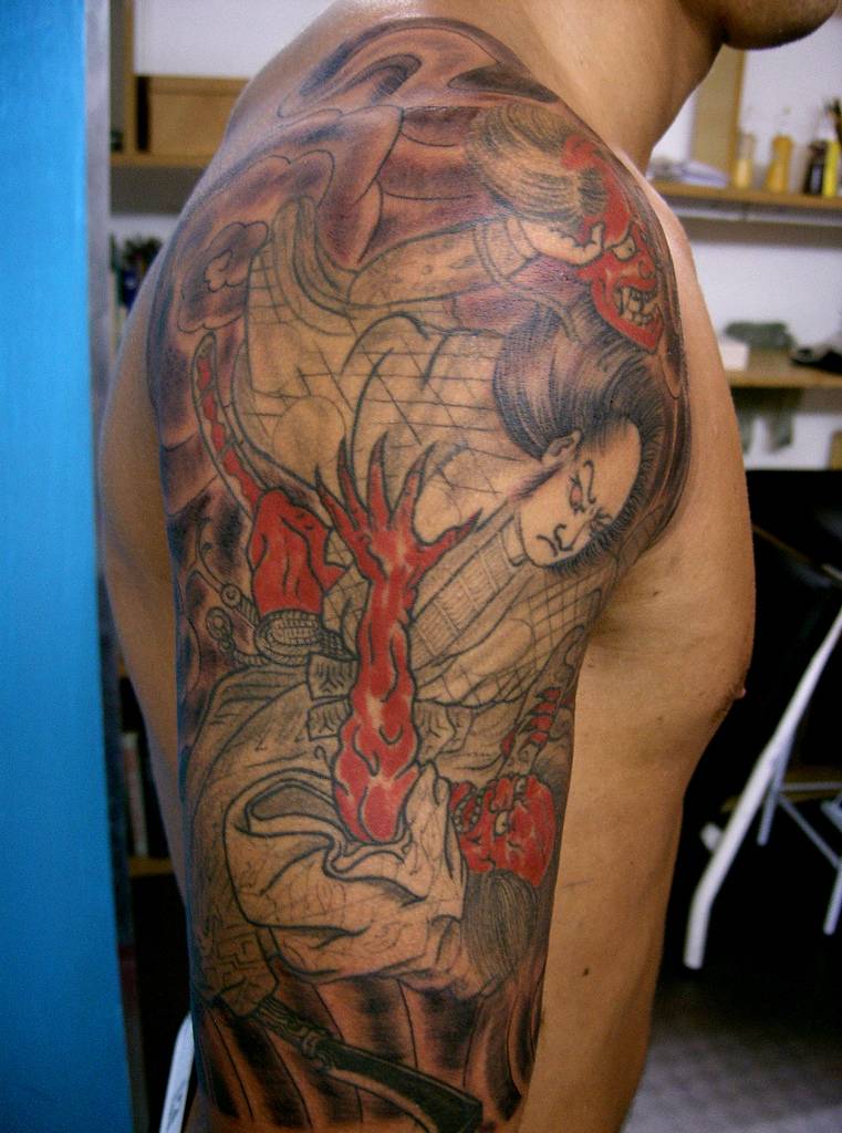 Man Right Half Sleeve Samurai Tattoo