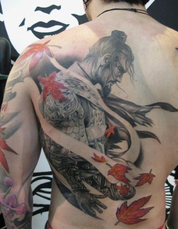 Maple Leaves And Samurai Tattoo On Back
