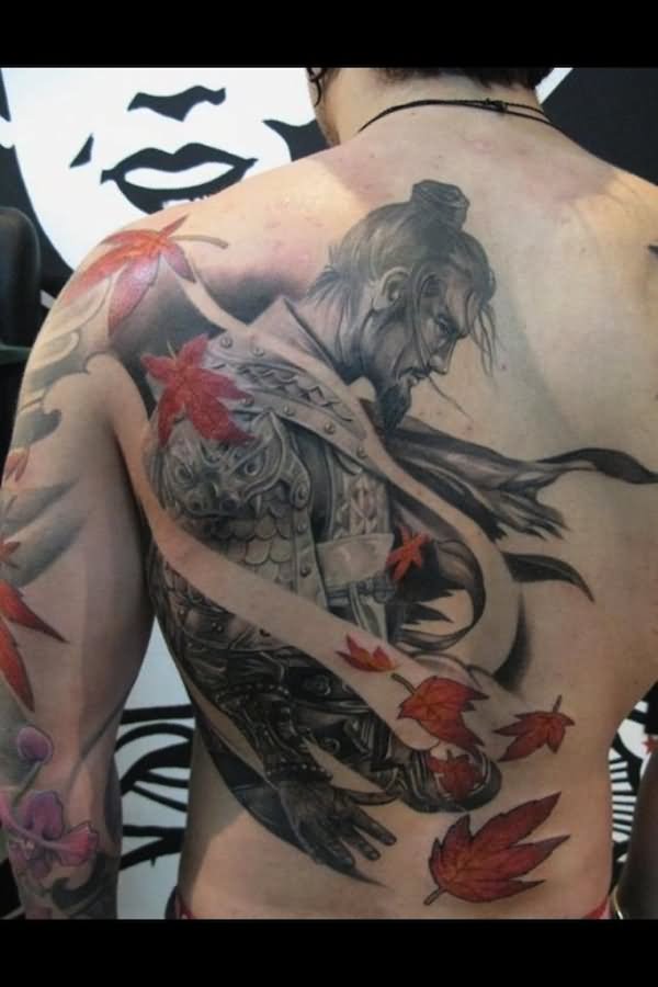 Maple Leaves And Samurai Tattoo On Man Full Back