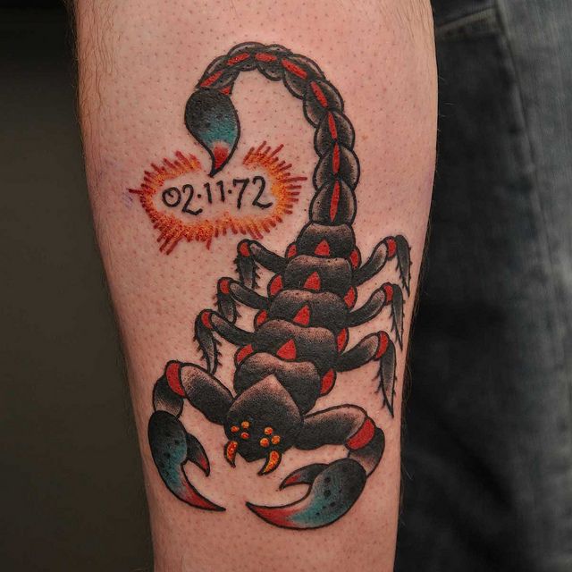 Memorial Traditional Scorpion Tattoo Design For Arm