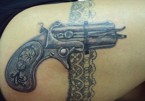 Nice Grey Ink Country Garter Tattoo On Side Thigh