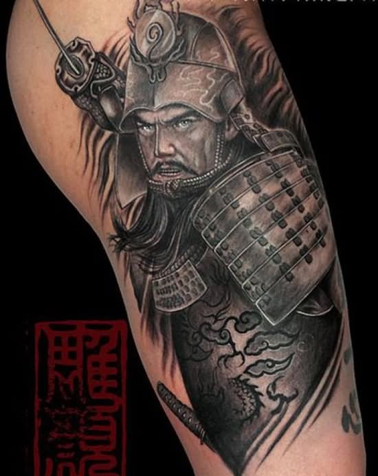 Nice Grey Ink Samurai Tattoo On Left Sleeve