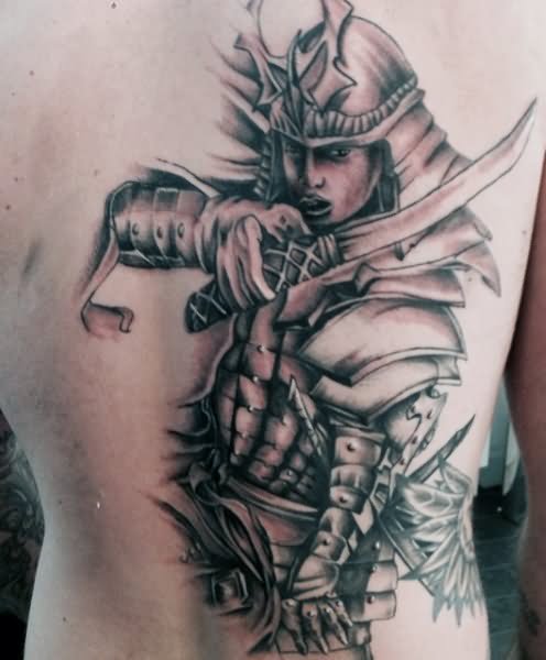 Nice Grey Samurai Tattoo On Leg
