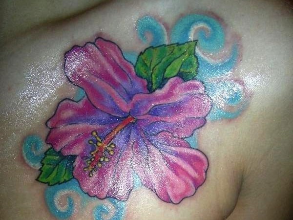 Nice Purple Hibiscus Tattoo On Front Shoulder