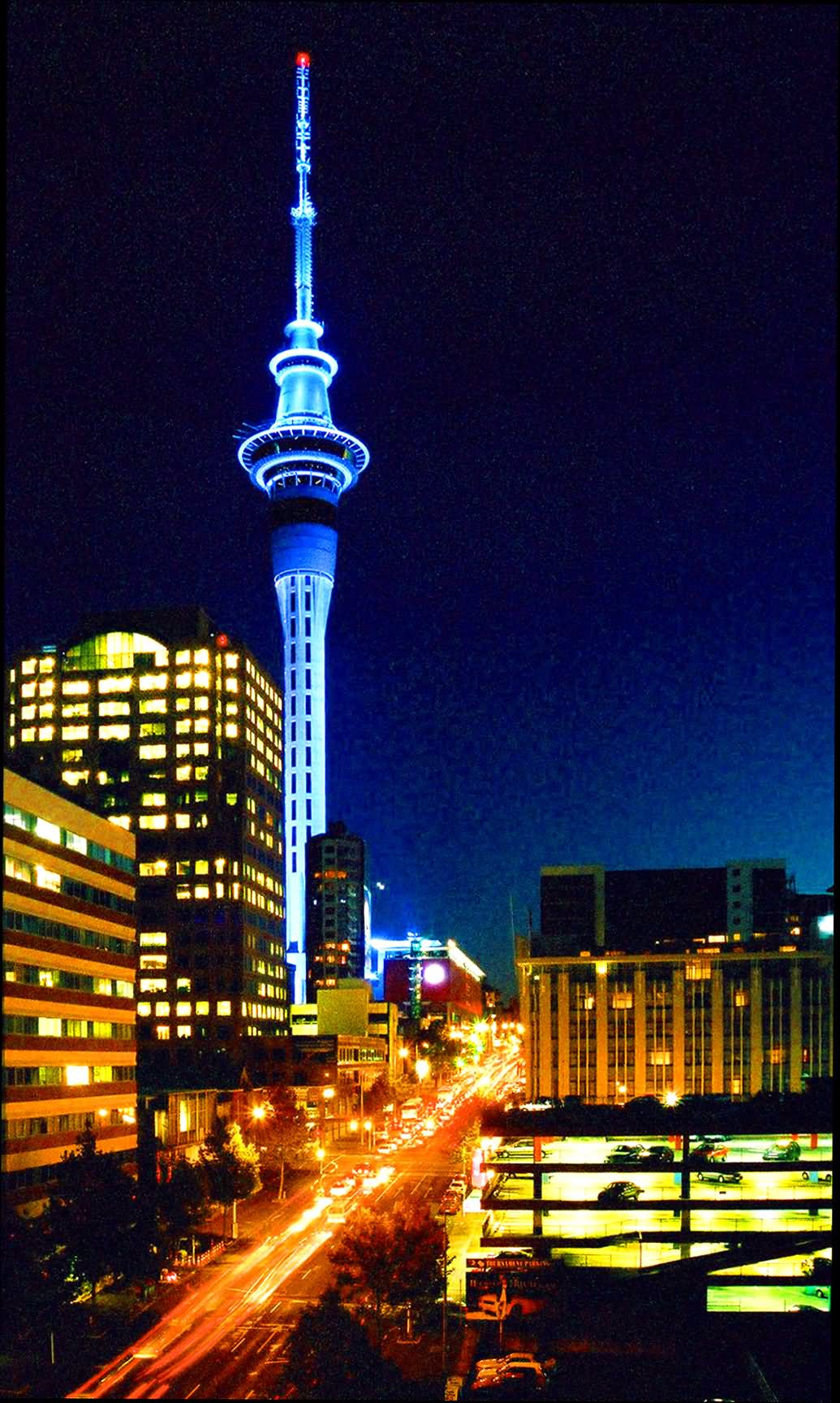 Night View Of The Sky Tower With Motion Lights