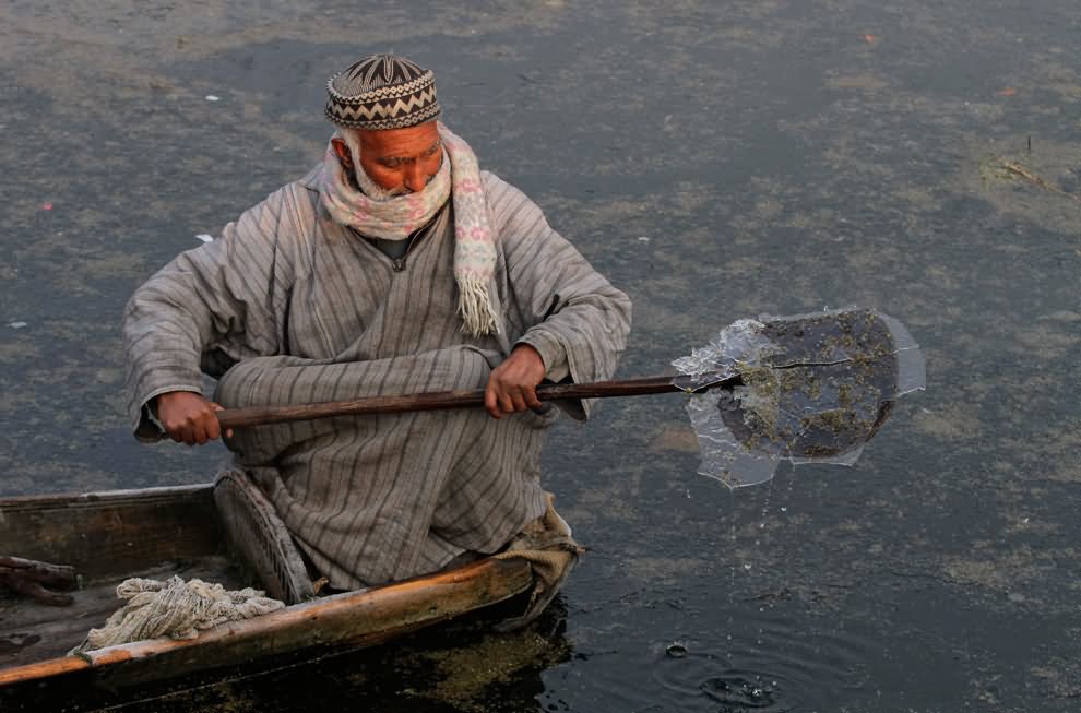 Old Man Showing Frozen Dal Lake While Rowing Boat