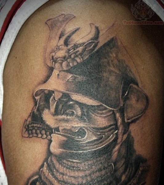 Old Samurai Skull Tattoo On Shoulder