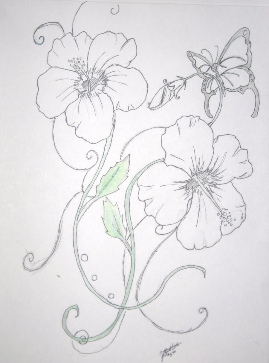Outline Butterfly And Hibiscus Tattoo Design