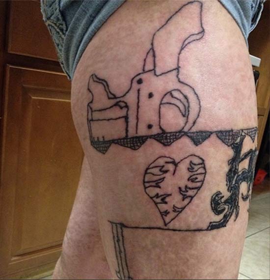 Outline Pistol Country Garter Tattoo On Side Thigh