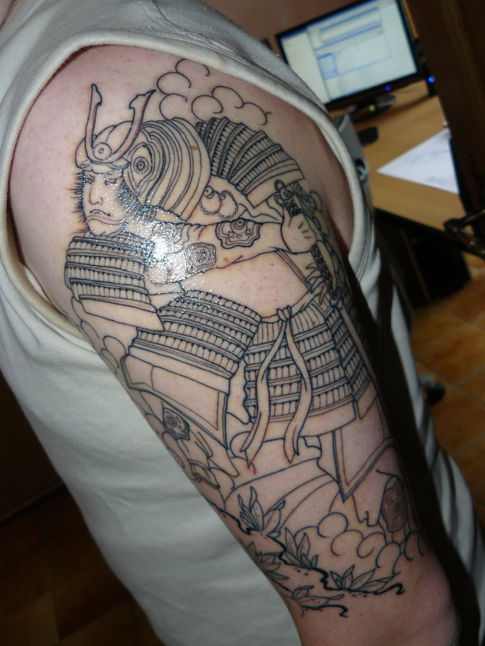 Outline Samurai Tattoo On Half Sleeve