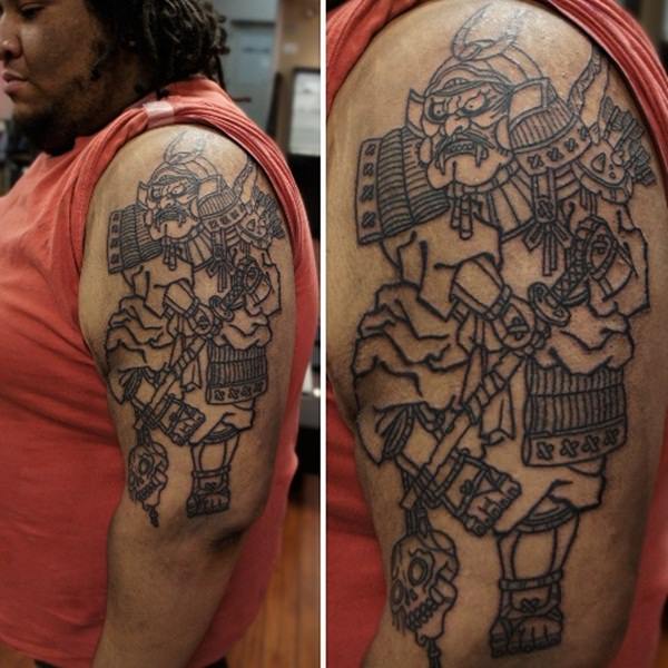 Outline Samurai Tattoo On Man Left Half Sleeve