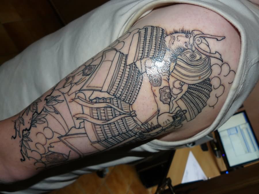Outline Traditional Samurai Tattoo On Left Half Sleeve