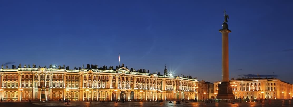 Panorama View Of The Hermitage Museum And Alexander's Column At Night