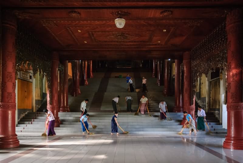 People Cleaning Hall Inside The Shwedagon Pagoda