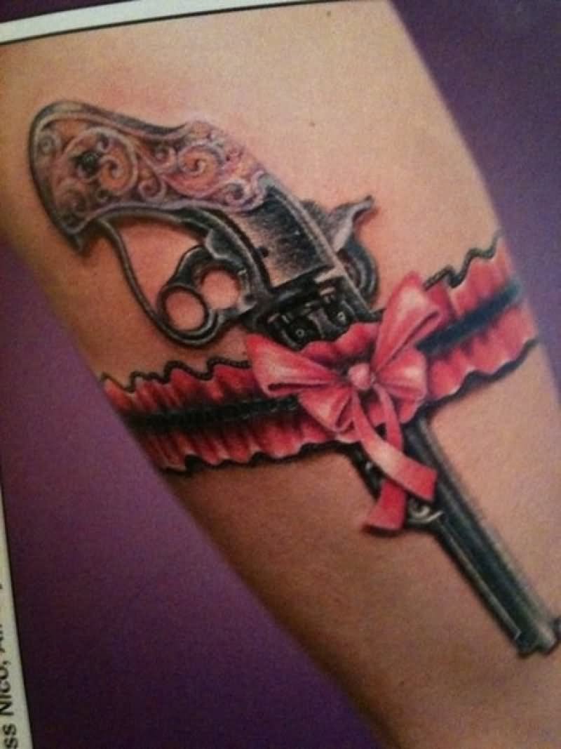 Pink And Black Gun Garter Belt Tattoo