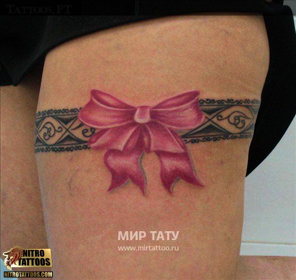Pink bow Garter Tattoos On Thigh