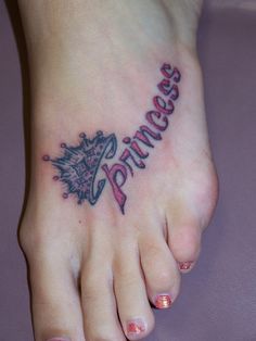 Princess Word With Queen Crown Tattoo On Girl Foot