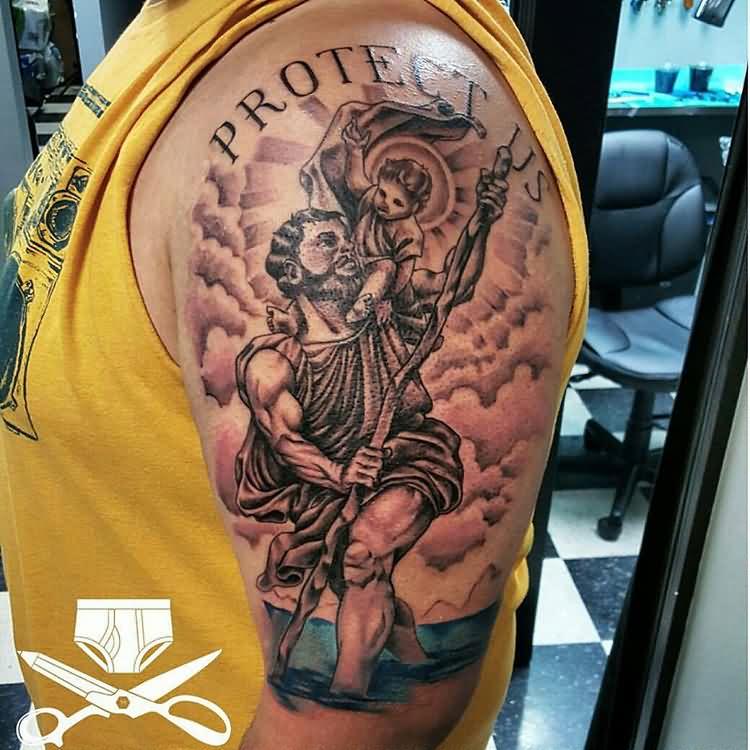 Protect Us - Black Ink Saint Christopher Tattoo On Left Half Sleeve