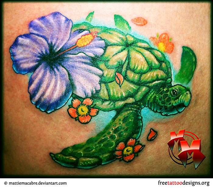 Purple Hibiscus Flower And Turtle Tattoo