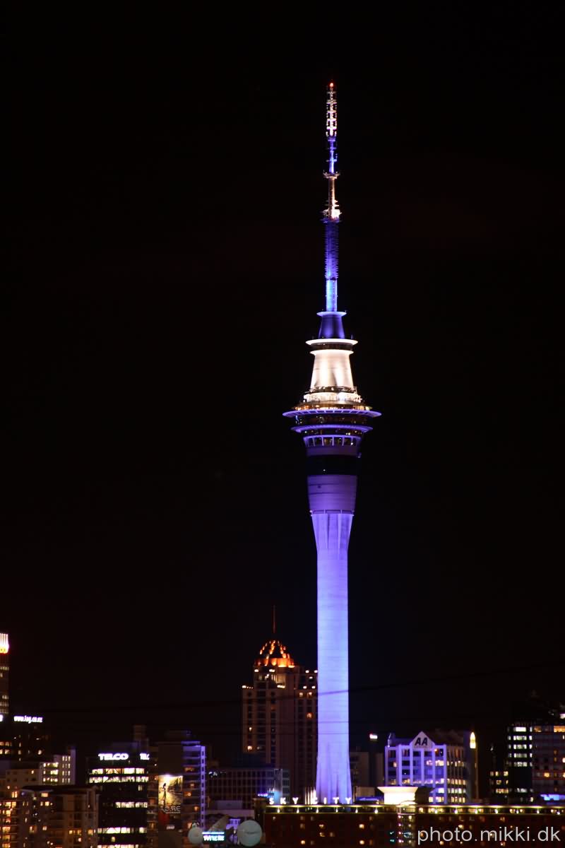 Purple Lights On The Sky Tower, Auckland