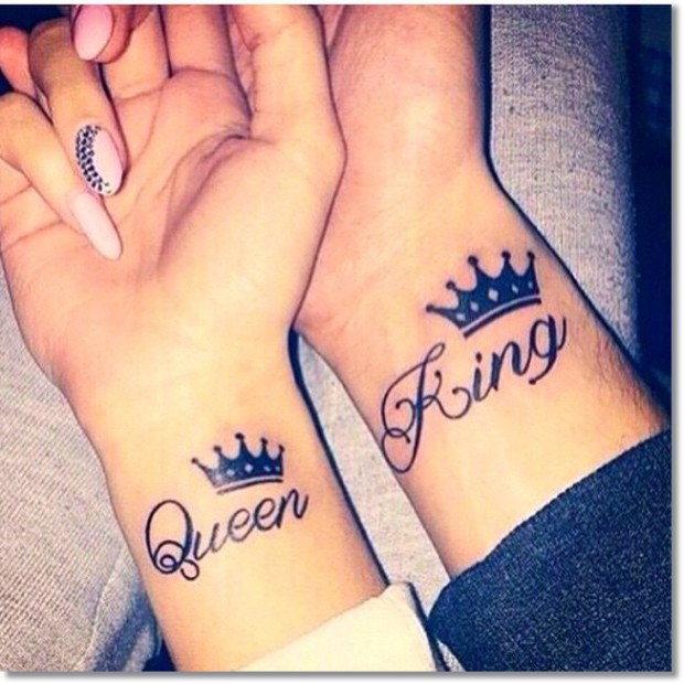 Queen And King Word With Crown Tattoo On Couple Wrist
