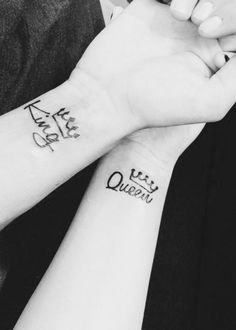 Queen And King Word With Outline Crown Tattoo On Couple Wrist