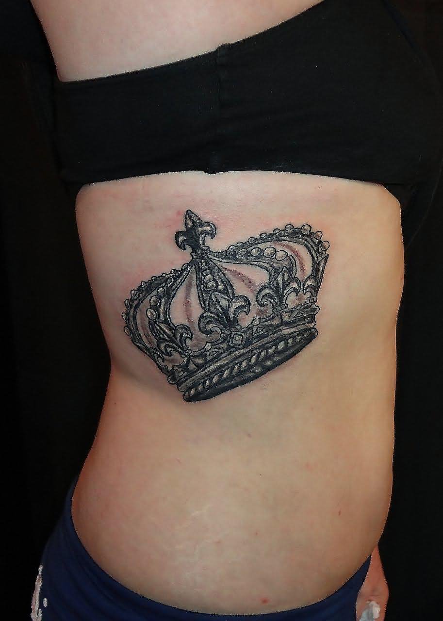Queen Crown Tattoo On Girl Side Rib