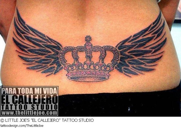 Queen Crown With Wings Tattoo On Lower Back
