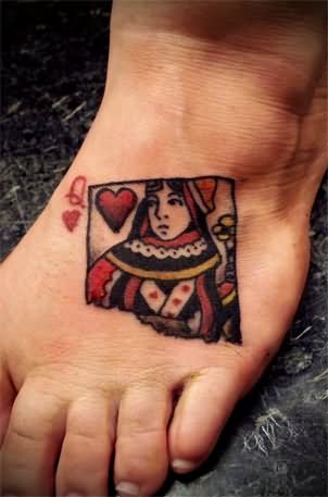 Queen Of Hearts Card Tattoo On Foot