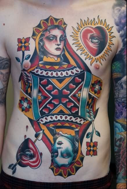 Queen Of Hearts Card Tattoo On Man Full Body