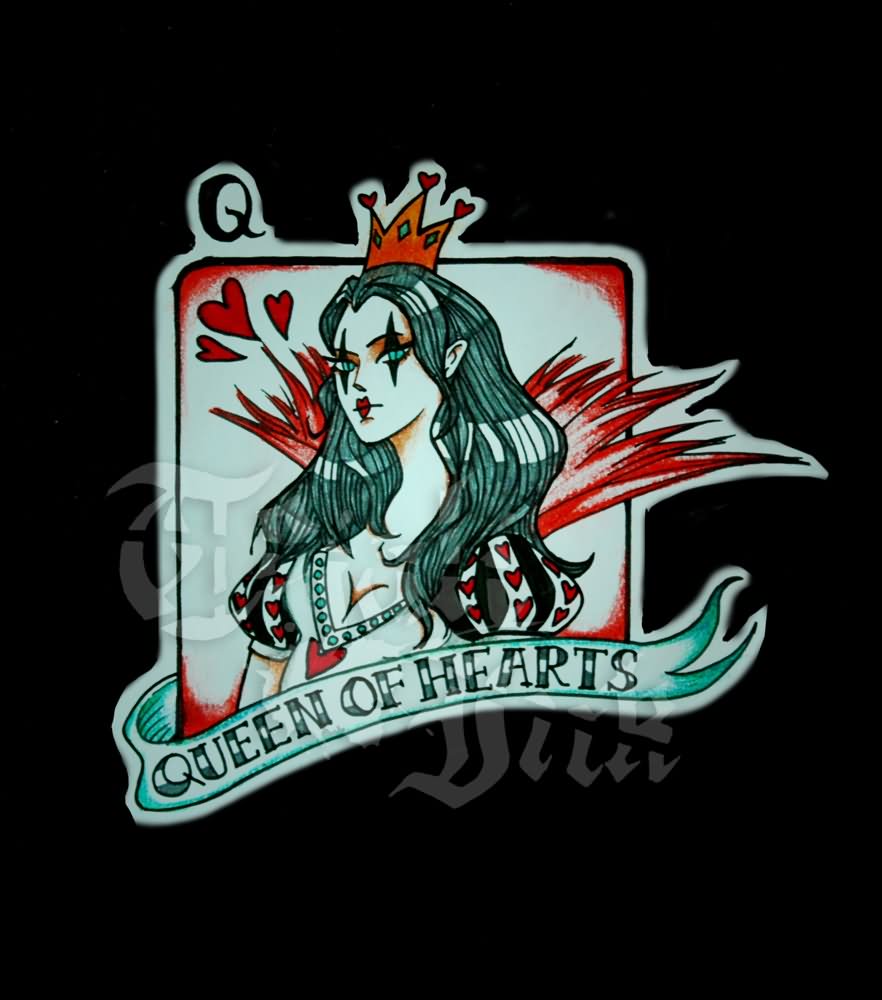 Queen Of Hearts Card With Banner Tattoo Design
