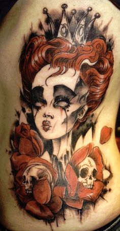 Queen Of Hearts With Roses Tattoo On Side Rib