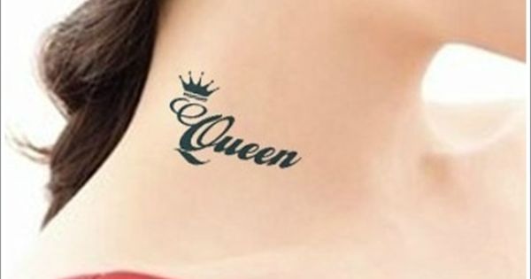 Queen Word With Crown Tattoo On Side Neck