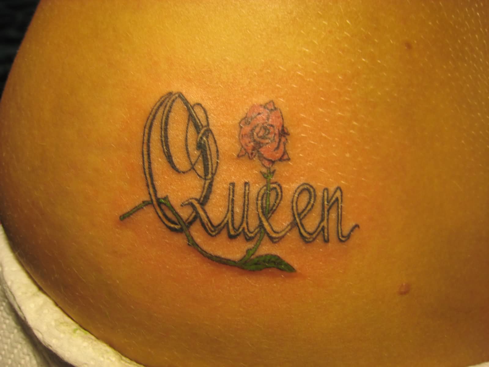 Queen Word With Rose Tattoo Design