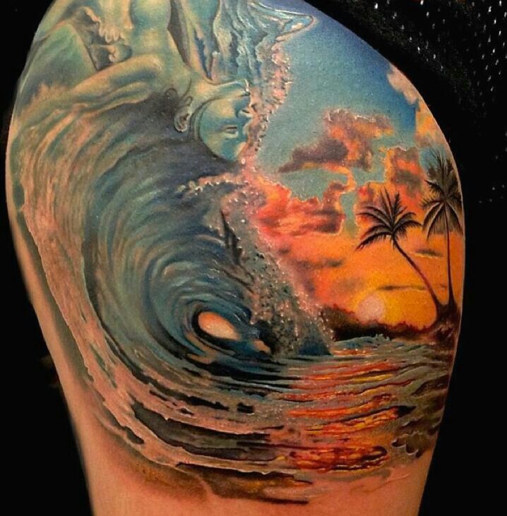 Realistic Colored Wave Tattoo